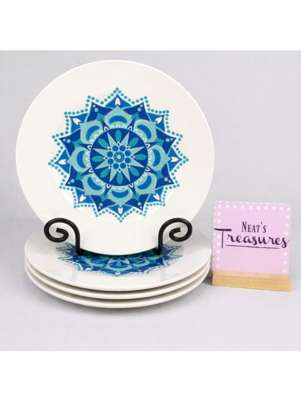 Royal Norfolk RNF127 Greenbrier Blue Green Geometric 10.5" Dinner Plates Set 4